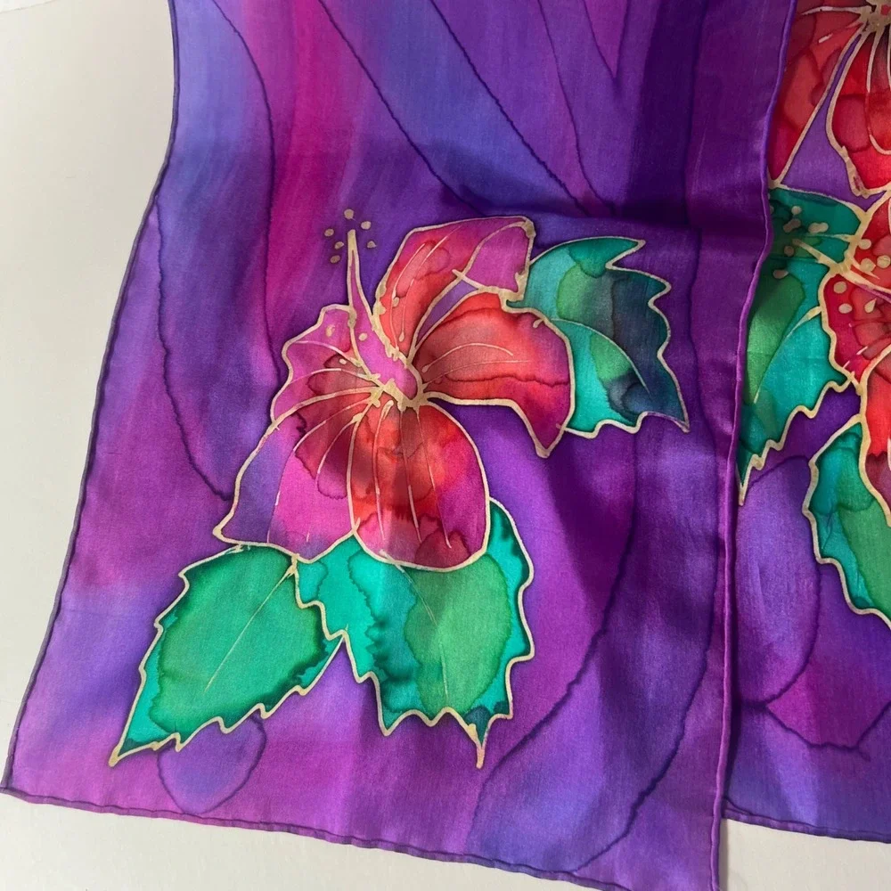 Handpainted Silk Floral Scarf Signed JT Purple Orange Green 8 x 72